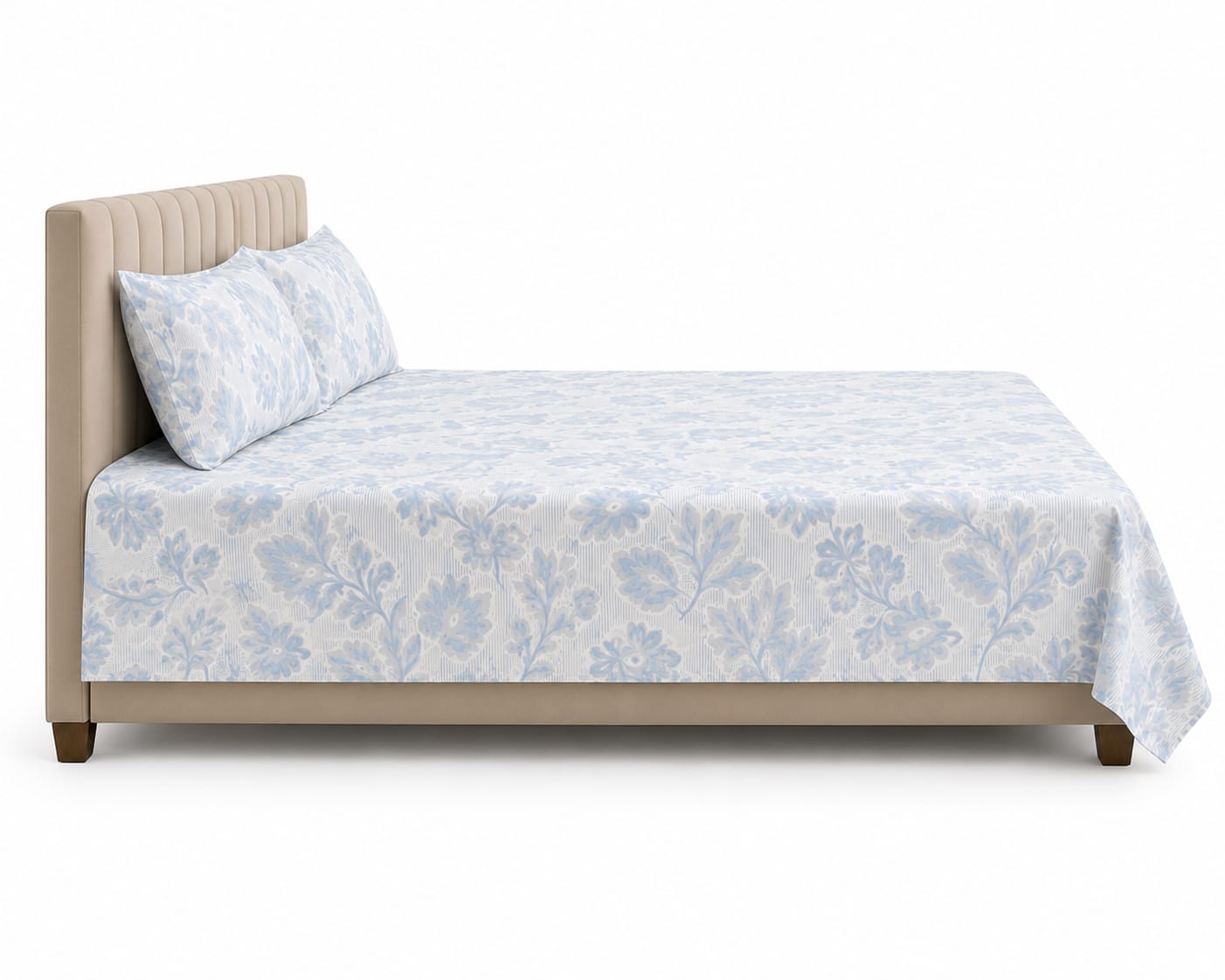 Sky Blue Large Floral Printed Bedsheet Set with 2 Pillowcases 100% Cotton