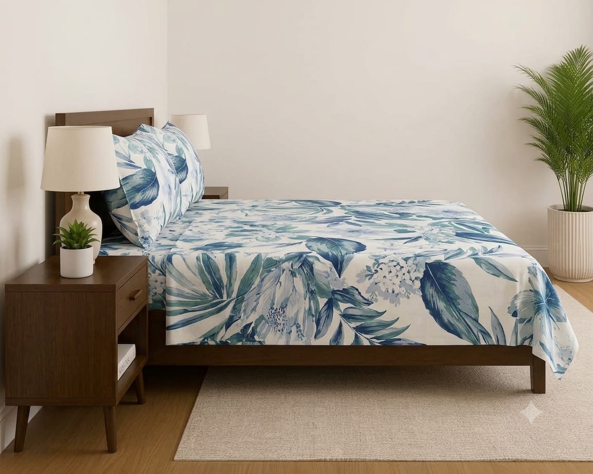 Tropical Floral Bedsheet Set – Blue & White 100% Cotton
