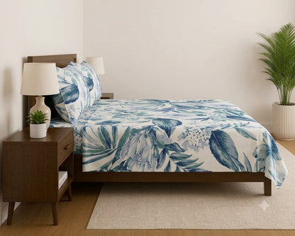 Tropical Floral Bedsheet Set – Blue & White 100% Cotton