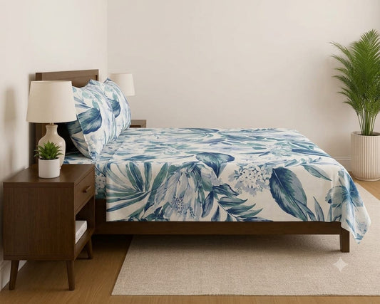 Tropical Floral Bedsheet Set – Blue & White 100% Cotton