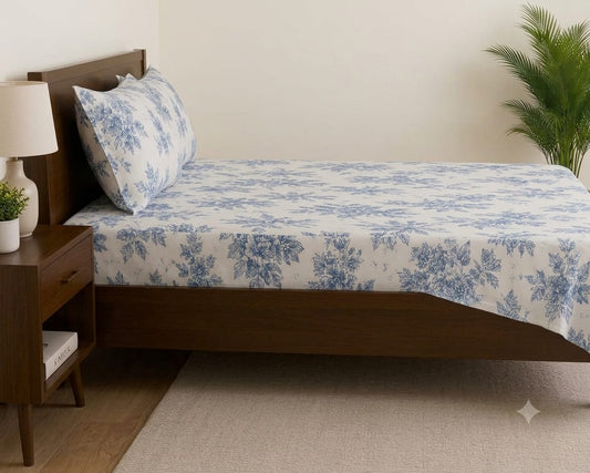 Blue Floral Bouquet Bedsheet Set – Classic Botanical Print 100% Cotton