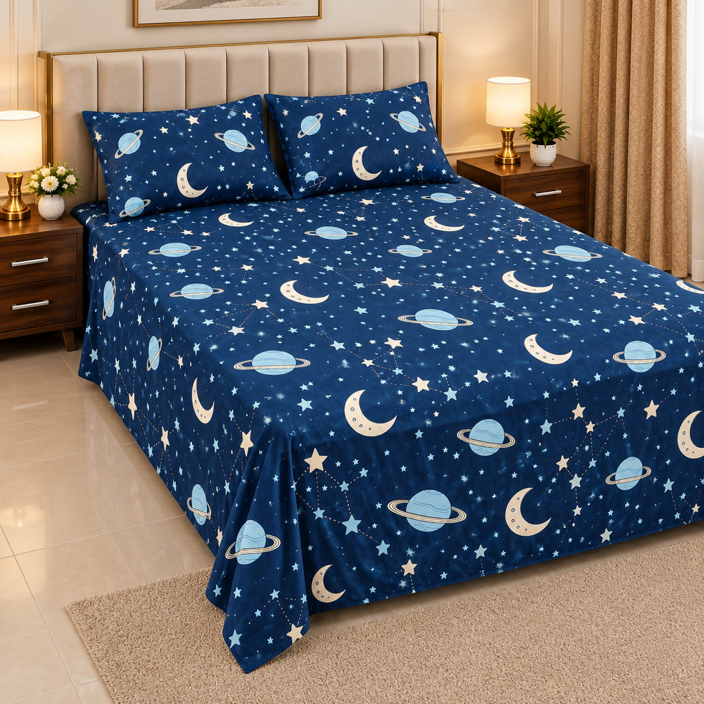 Stargazer Navy Double Bedsheet Set – 100% Cotton