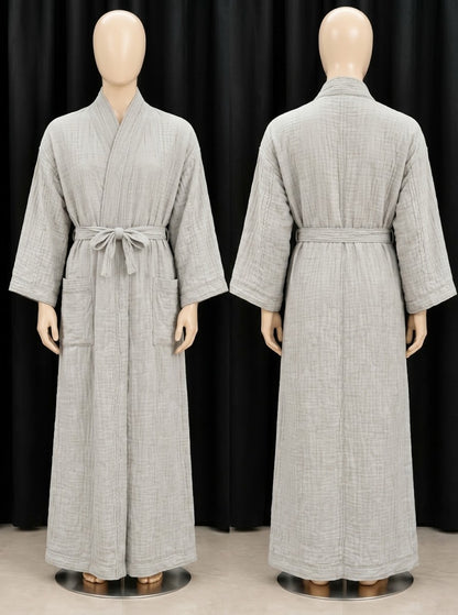 Light Gray Full-Length Wrap Robe with Belt & Pockets