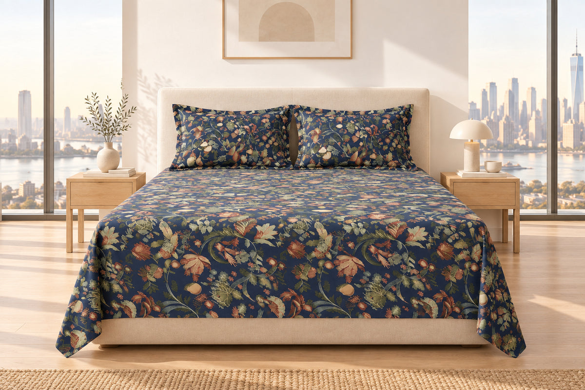 Navy Blue Botanical Printed Bedsheet - 100% Cotton
