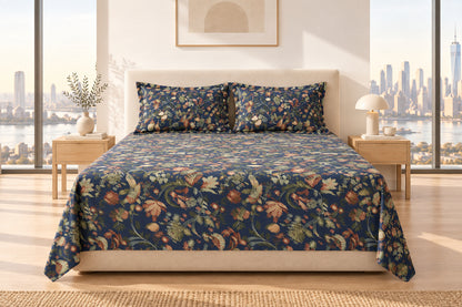 Navy Blue Botanical Printed Bedsheet - 100% Cotton