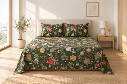 Olive Green Multicolour Floral Bedsheet - 100% Cotton
