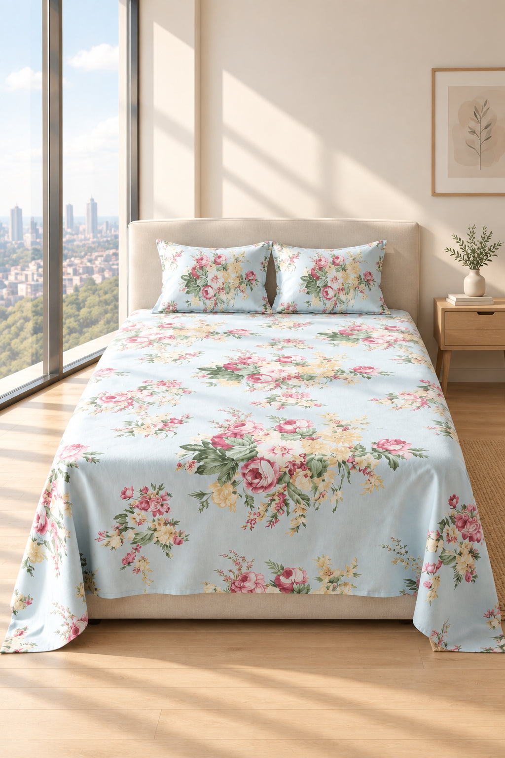 Light Blue Rose Floral Bedsheet - 100% Cotton