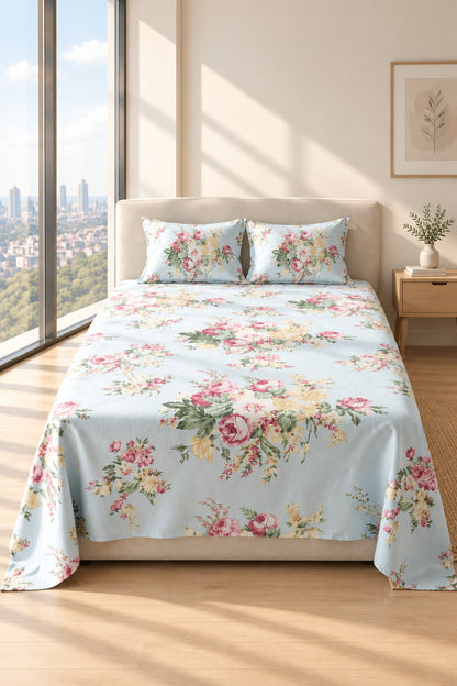 Light Blue Rose Floral Bedsheet - 100% Cotton
