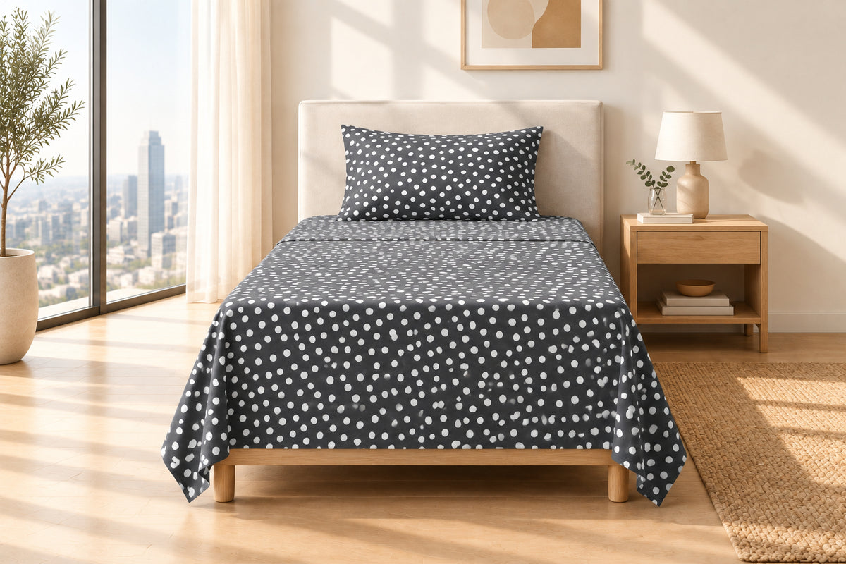 Grey Polka Dot Printed Bedsheet - 100% Cotton
