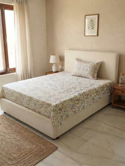Cream Pastel Botanical Bedsheet - 100% Cotton
