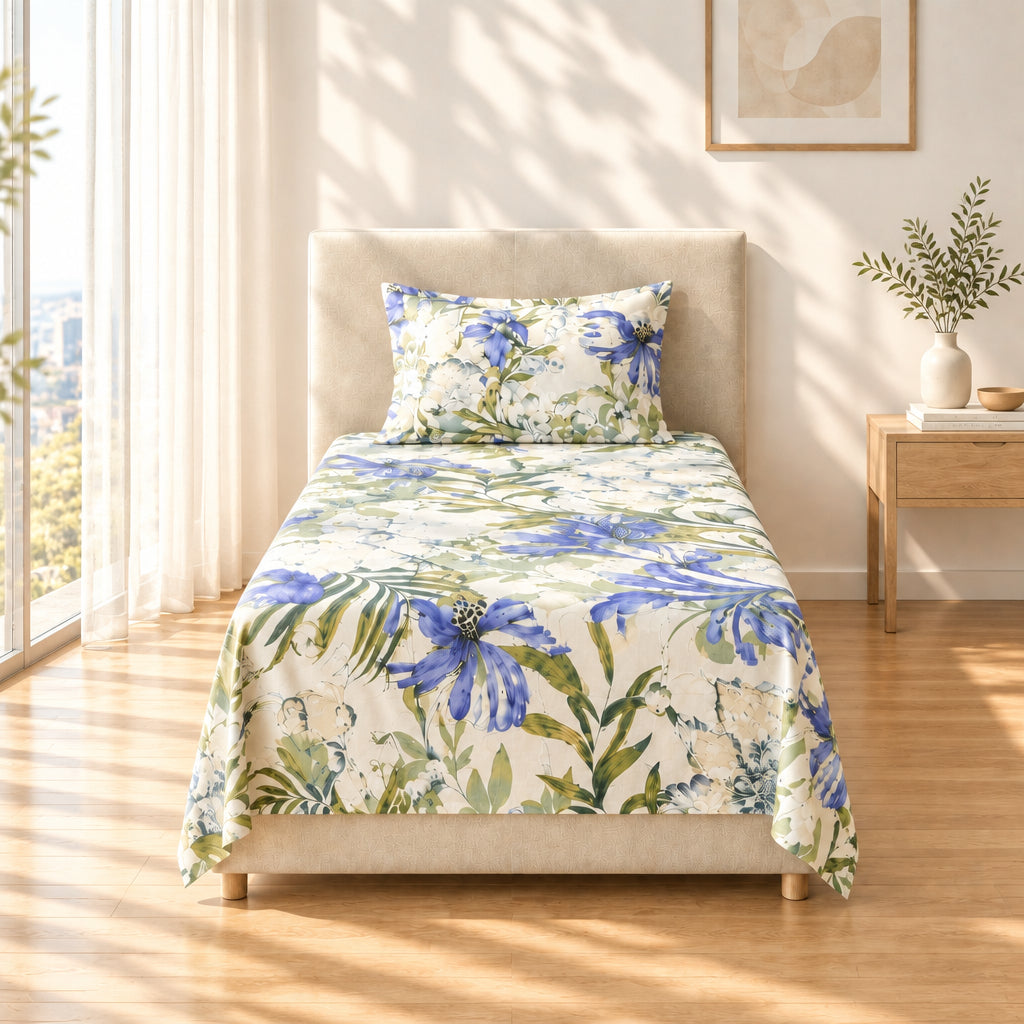 Cream & Purple Floral Bedsheet - 100% Cotton