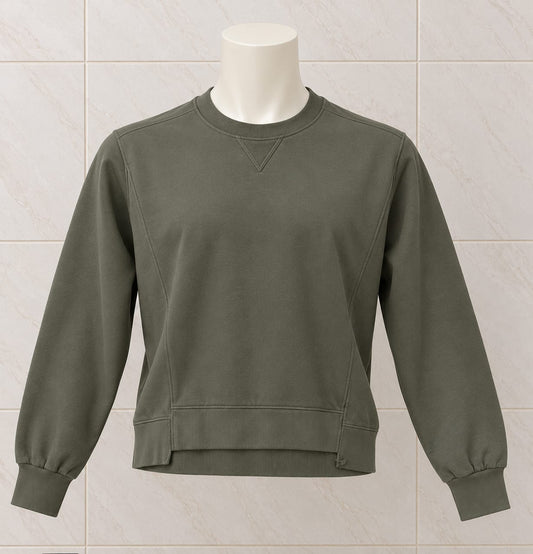 Olive grey plain crew neck sweatshirt with long sleeves, ribbed cuffs and hem on a mannequin