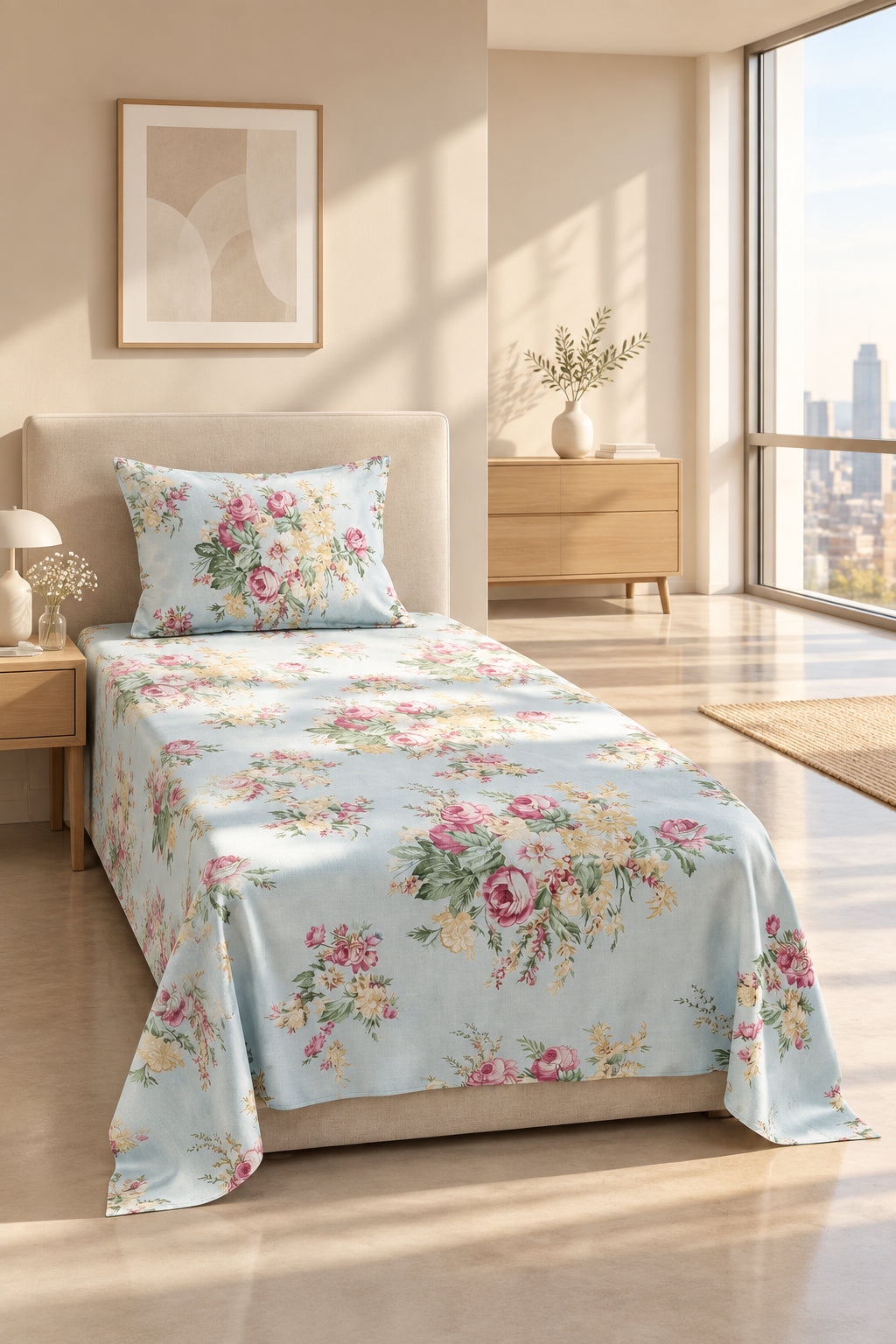 Light blue bedsheet with pink roses, pale yellow flowers and green leaves, displayed with a coordinating pillow on a cream bed.