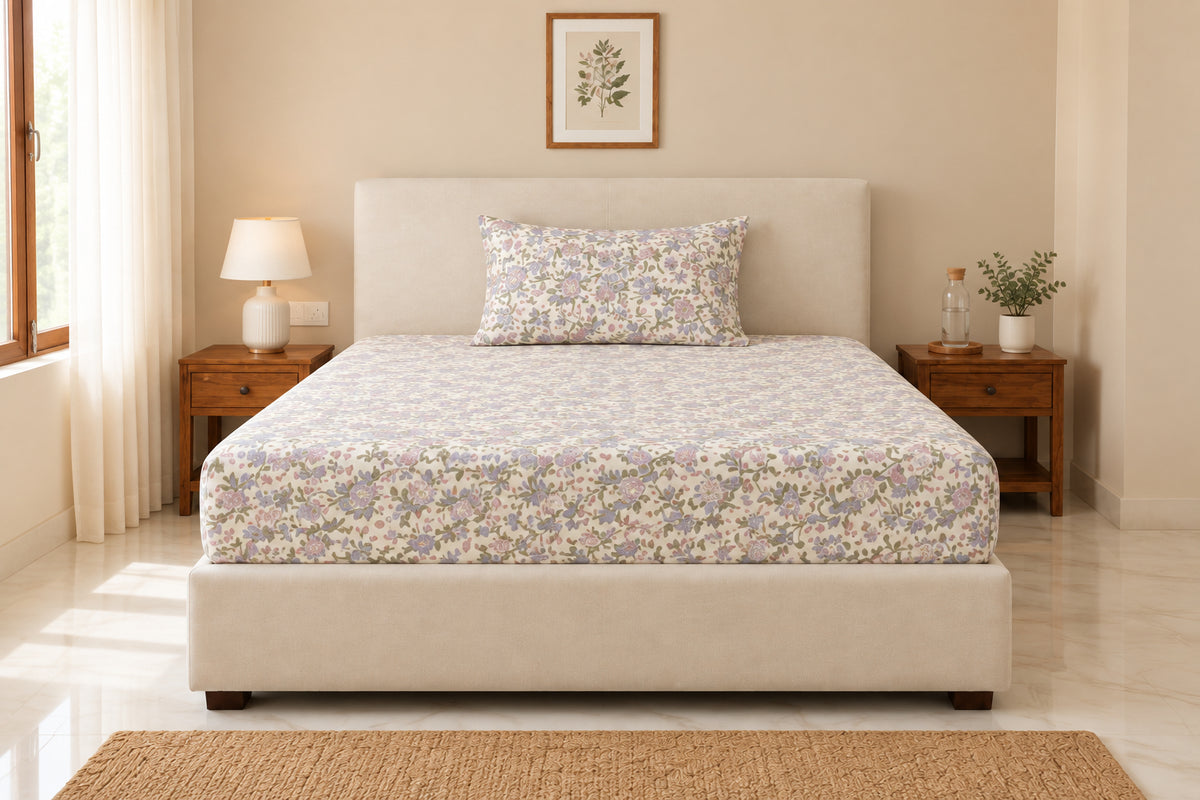 Cream bedsheet with a muted pastel botanical print and a coordinating pillow displayed on a cream upholstered bed.