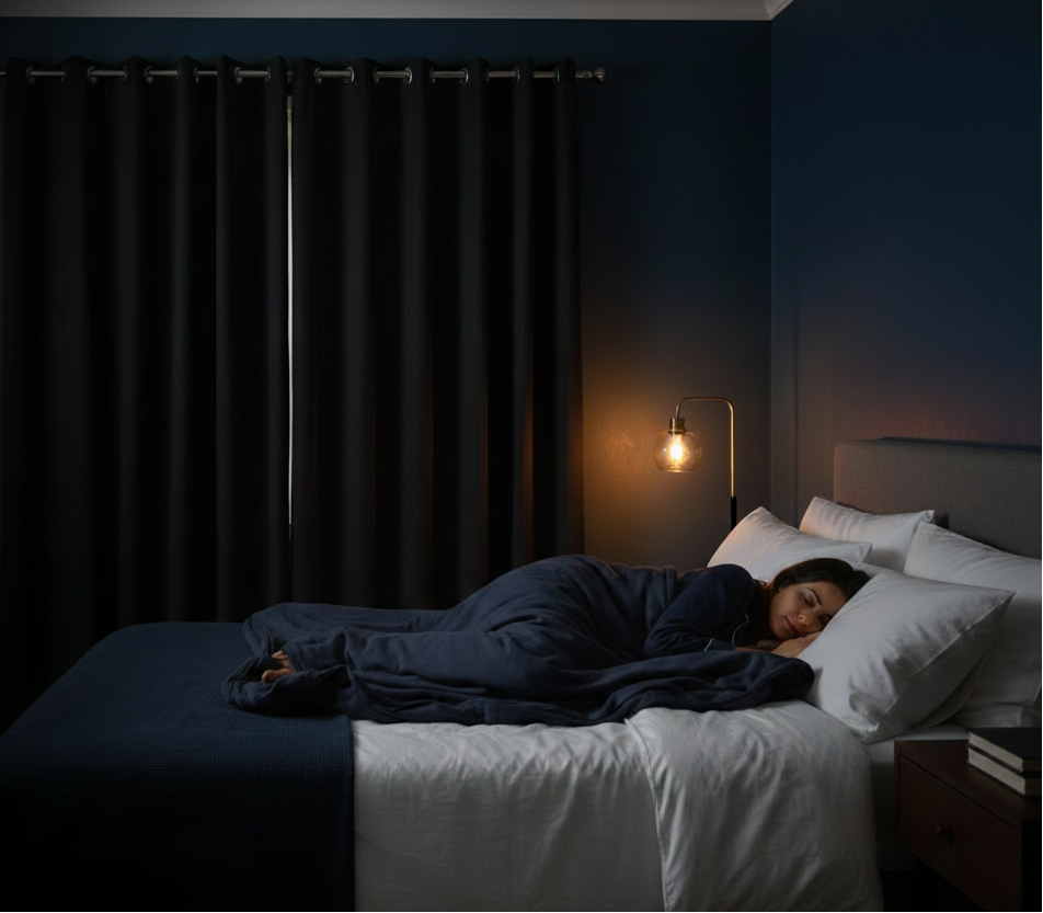Blackout Curtain Banner - Sleeping Woman with Blanket