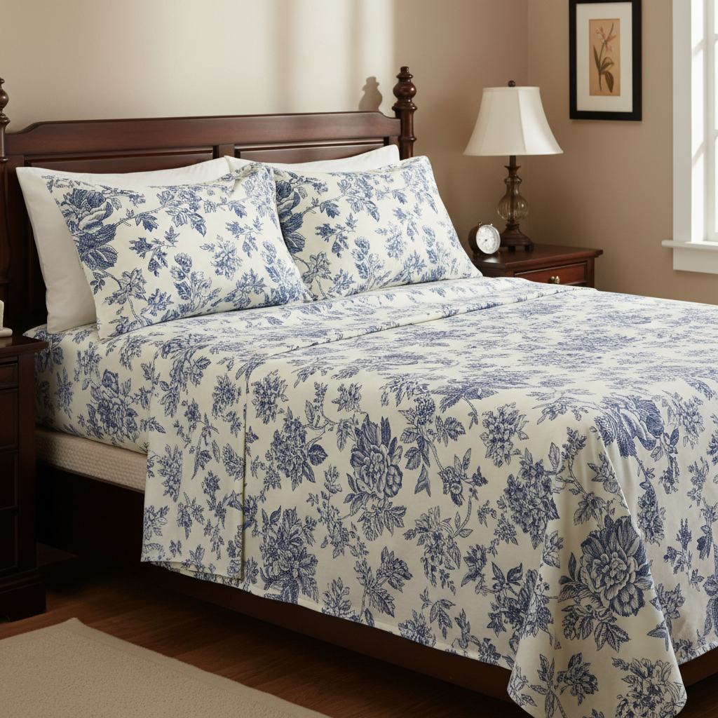 My Home Soft Touch Bed Sheet Set – Blue Toile Floral Print 100% Cotton