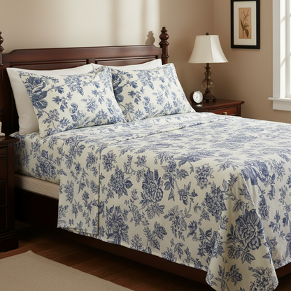 My Home Soft Touch Bed Sheet Set – Blue Toile Floral Print 100% Cotton