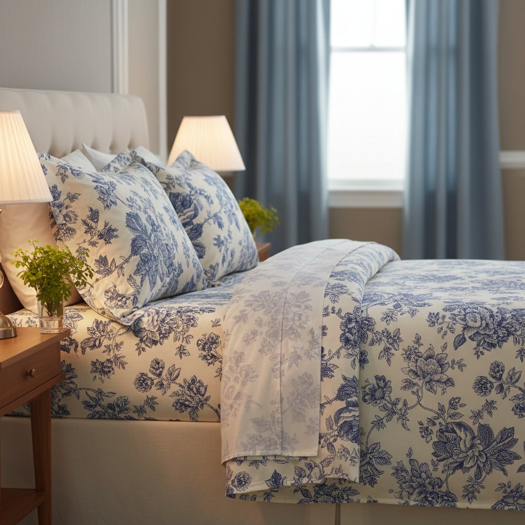 My Home Soft Touch Bed Sheet Set – Blue Toile Floral Print 100% Cotton