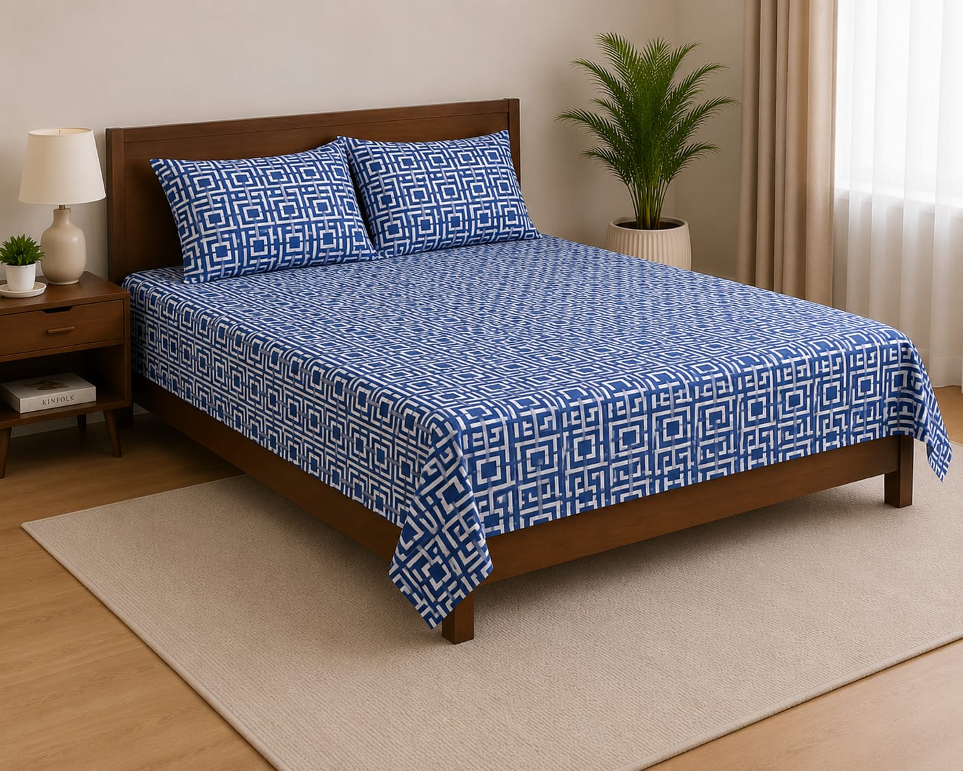 100% Cotton Soft Touch Bed Sheet Set Blue Geometric