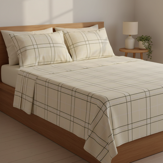 My Home Soft Touch Bed Sheet Set – Cream Grid Check Print 100% Cotton