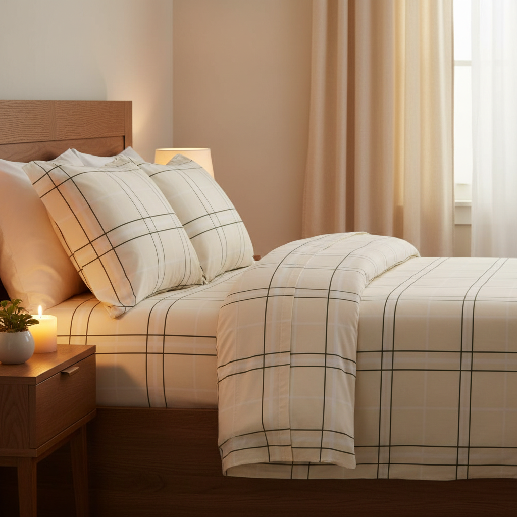 My Home Soft Touch Bed Sheet Set – Cream Grid Check Print 100% Cotton