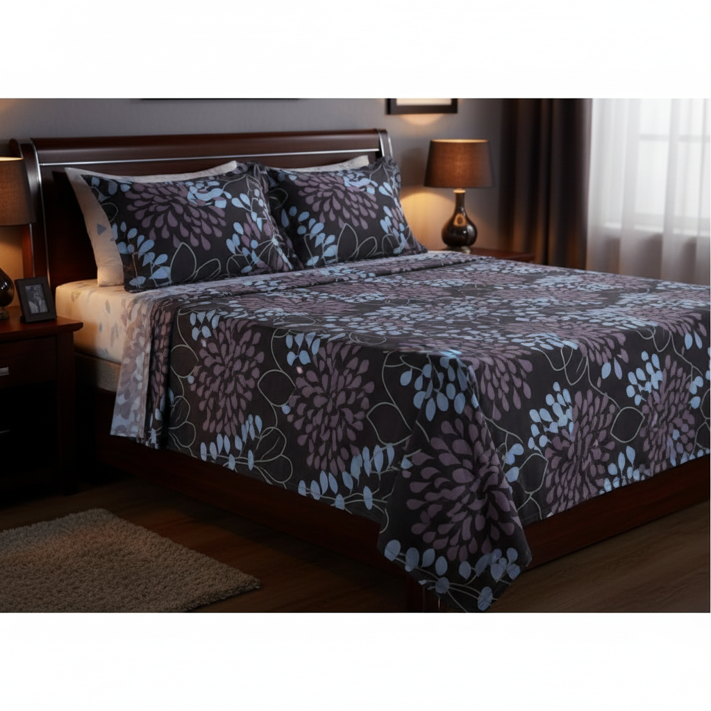 My Home Soft Touch Bed Sheet Set – Dark Charcoal Floral Print 100% Cotton