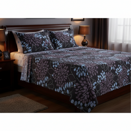 My Home Soft Touch Bed Sheet Set – Dark Charcoal Floral Print 100% Cotton
