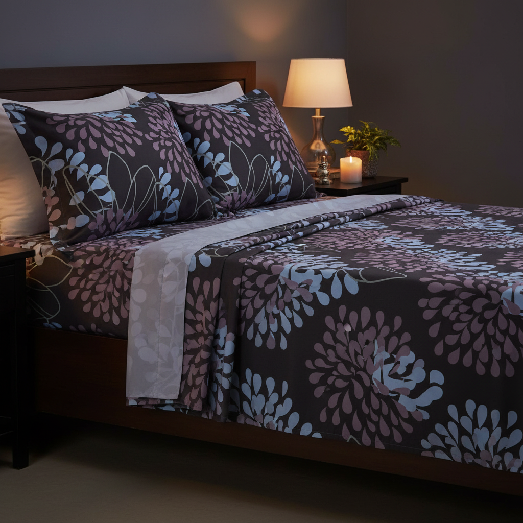 My Home Soft Touch Bed Sheet Set – Dark Charcoal Floral Print 100% Cotton