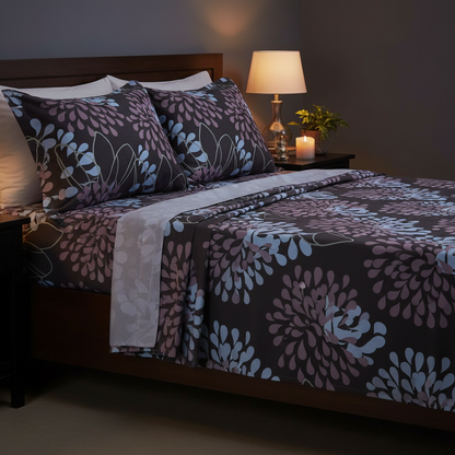 My Home Soft Touch Bed Sheet Set – Dark Charcoal Floral Print 100% Cotton