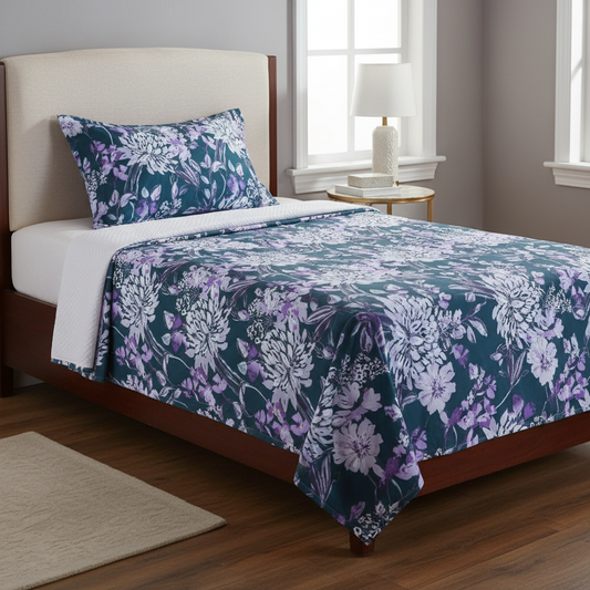 My Home Soft Touch Bed Sheet Set – Dark Teal Floral Print 100% Cotton