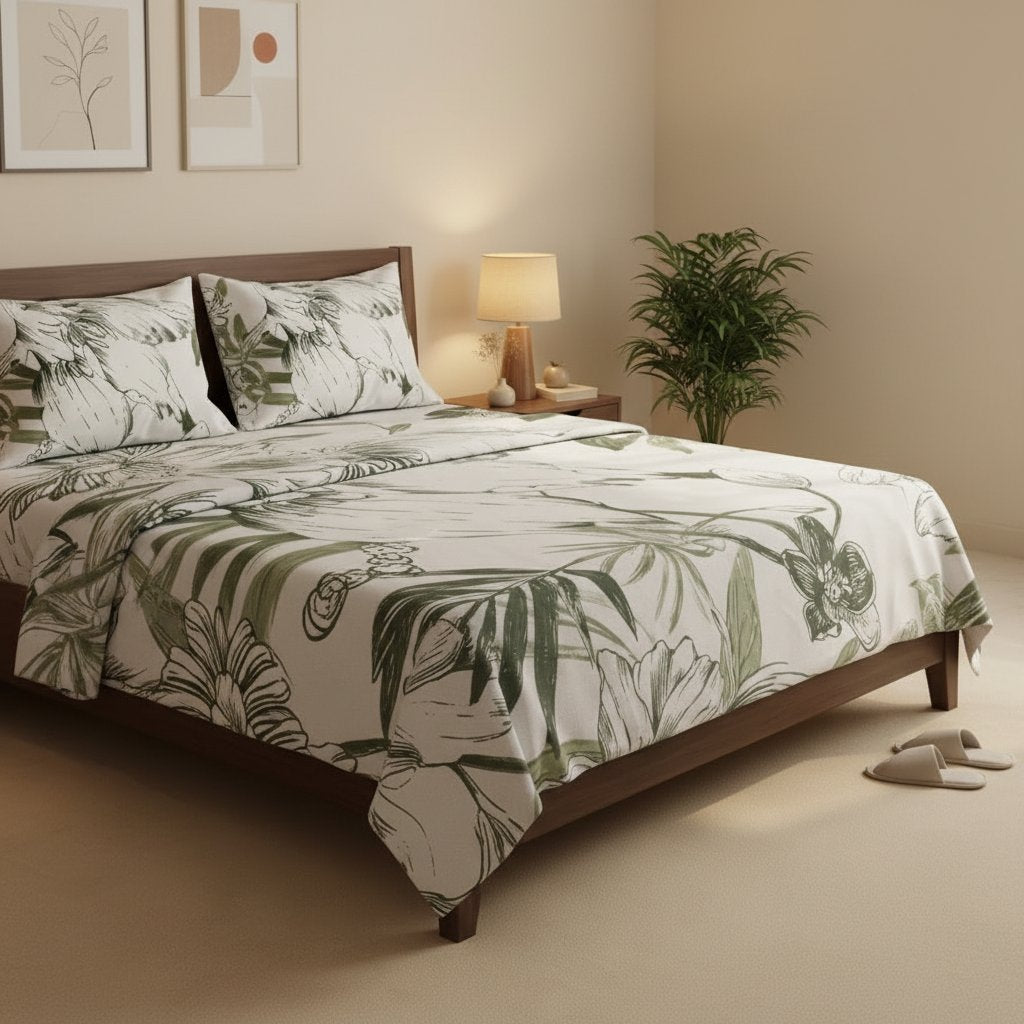 Botanical Sketch Double Bedsheet Set with olive green floral print on white background, styled on a dark wood bed with matching pillow covers
