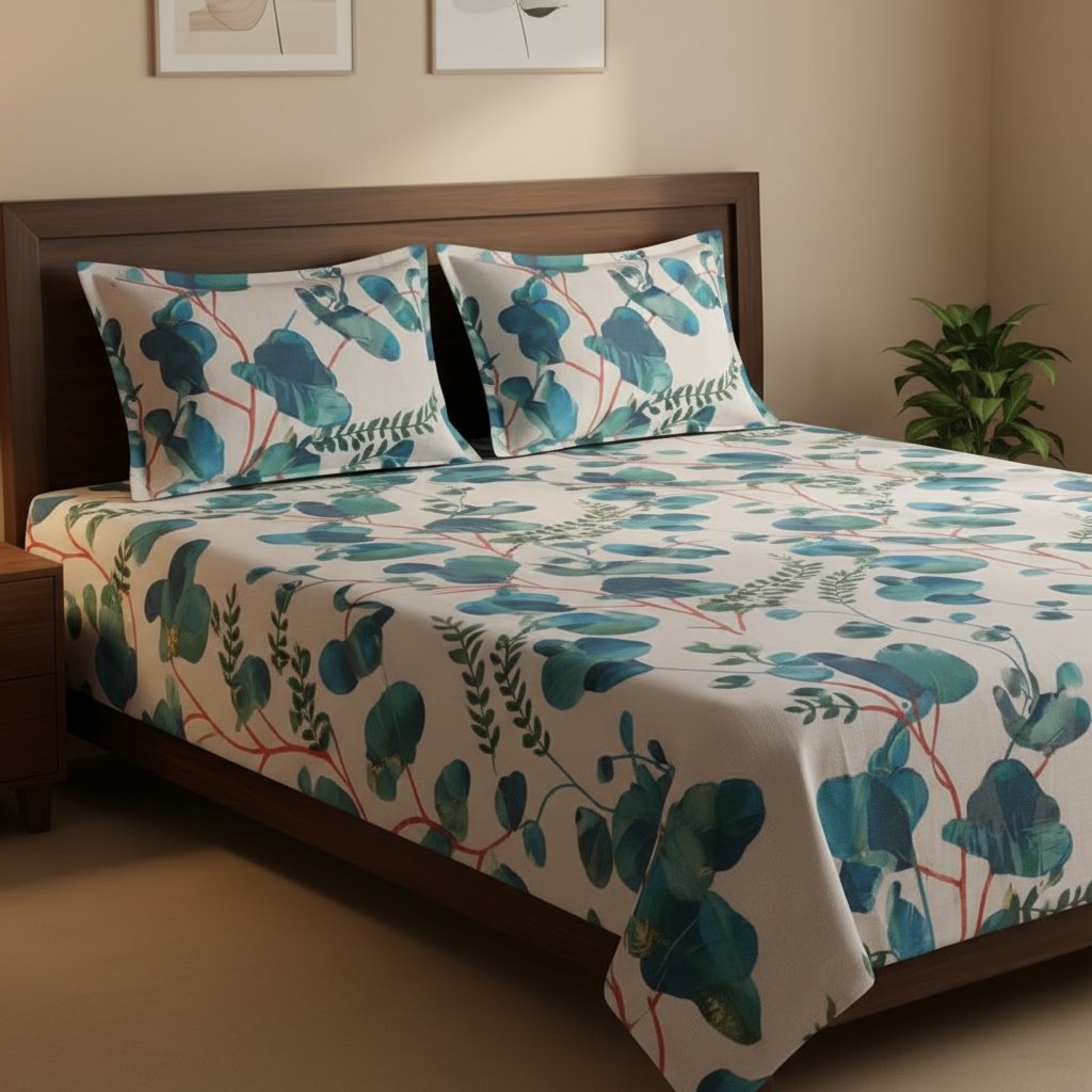 Eucalyptus Teal Double Bedsheet Set with watercolor botanical leaf print on white background, styled on a dark wood bed with matching pillow covers