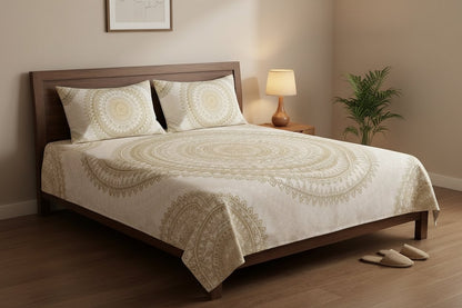 Golden Mandala Double Bedsheet Set with large intricate golden mandala print on ivory white background, styled on a dark wood double bed with matching pillow covers