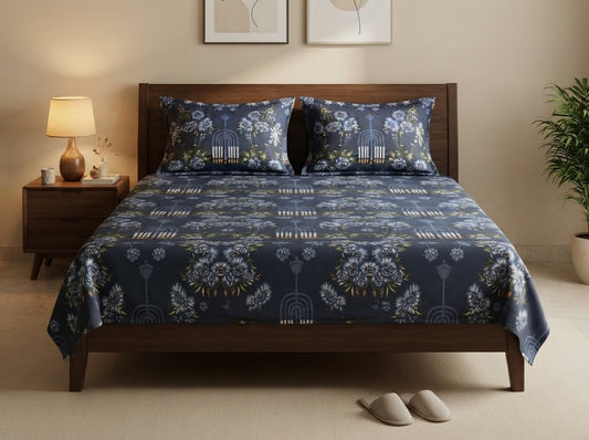 Midnight Arch Floral Double Bedsheet Set with dark navy Art Deco floral arch print featuring blue and white peonies, styled on a dark wood double bed with matching pillow covers