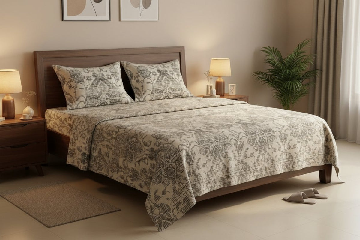 Damask Heritage Double Bedsheet Set with classic taupe and grey damask medallion print on cream background, styled on a dark wood double bed with matching pillow covers