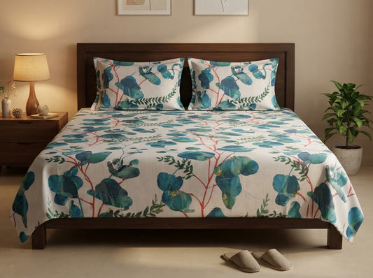 Eucalyptus Teal Double Bedsheet Set – 100% Cotton