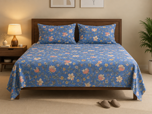 Blue Garden Bloom Double Bedsheet Set – 100% Cotton