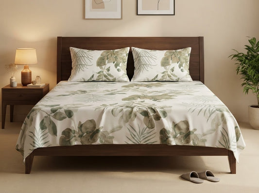 Tropical Leaf Double Bedsheet Set – 100% Cotton