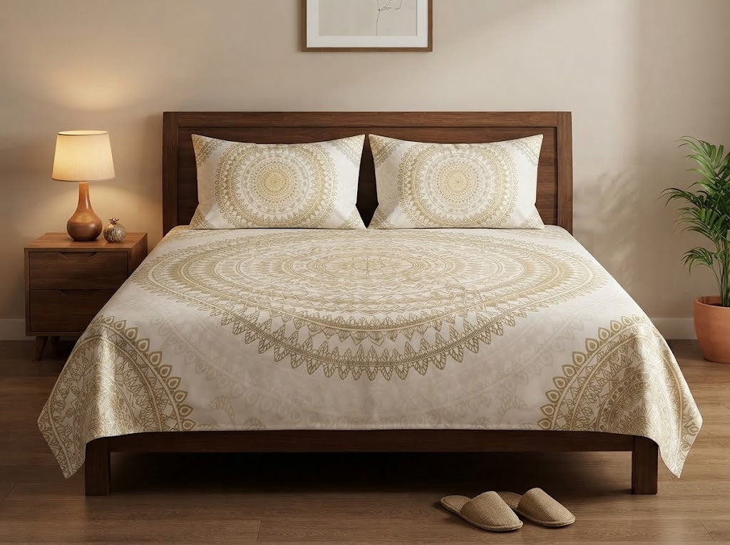 Golden Mandala Double Bedsheet Set – 100% Cotton