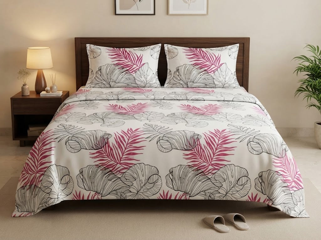 Pink Fern Sketch Double Bedsheet Set – 100% Cotton