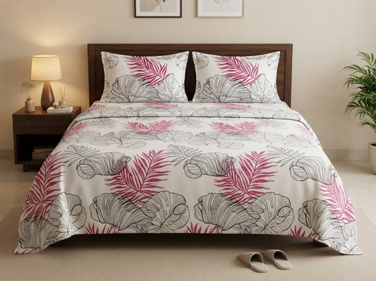 Pink Fern Sketch Double Bedsheet Set – 100% Cotton