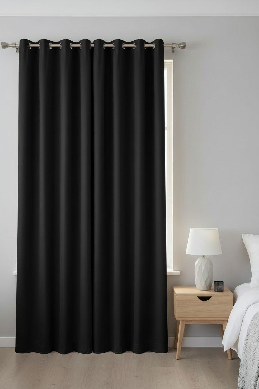 Navy blackout curtain in a modern bedroom