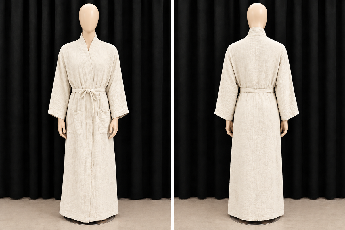 Front and back views of a cream full-length wrap robe with a self-tie belt, long sleeves, and two front pockets