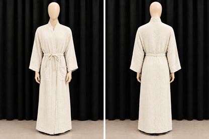 Front and back views of a cream full-length wrap robe with a self-tie belt, long sleeves, and two front pockets