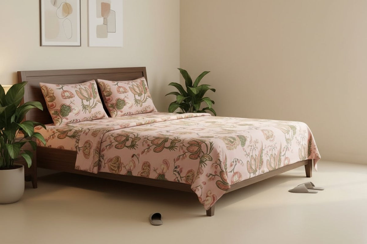 Mughal Garden King Bedsheet Set with blush pink floral paisley print, styled on a dark wood king bed with two matching pillow covers
