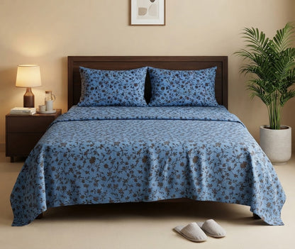 Blue Floral Vine Printed Bedsheet - 100% Cotton