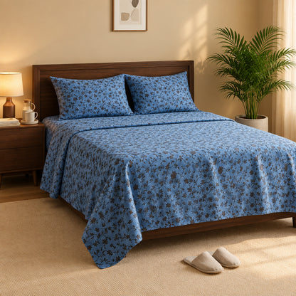 Blue Floral Vine Printed Bedsheet - 100% Cotton