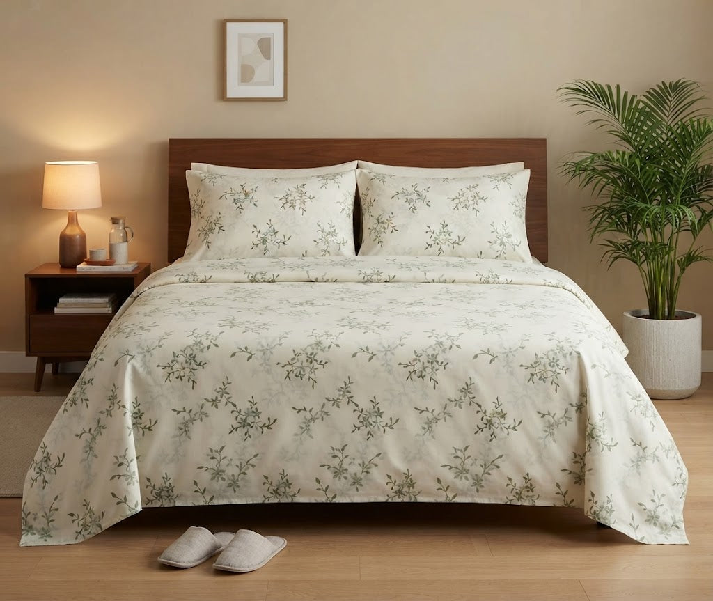 Ivory Floral Sprig Bedsheet - 100% Cotton