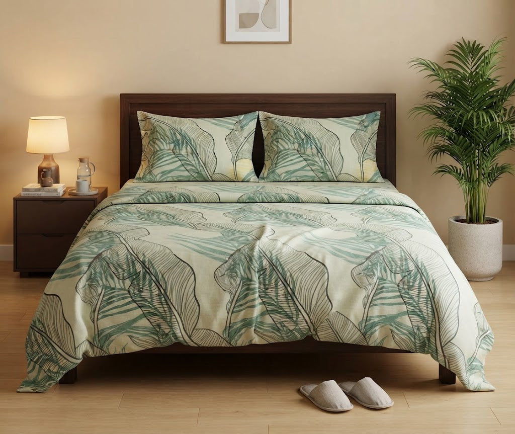Sage Green Tropical Leaf Bedsheet - 100% Cotton