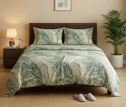 Sage Green Tropical Leaf Bedsheet - 100% Cotton